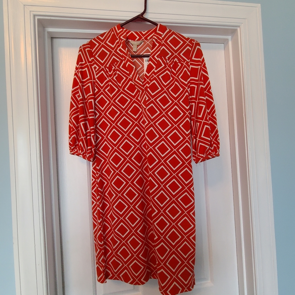 Banana republic geometric print dress orange&white XXS Petite 3/4sleeve